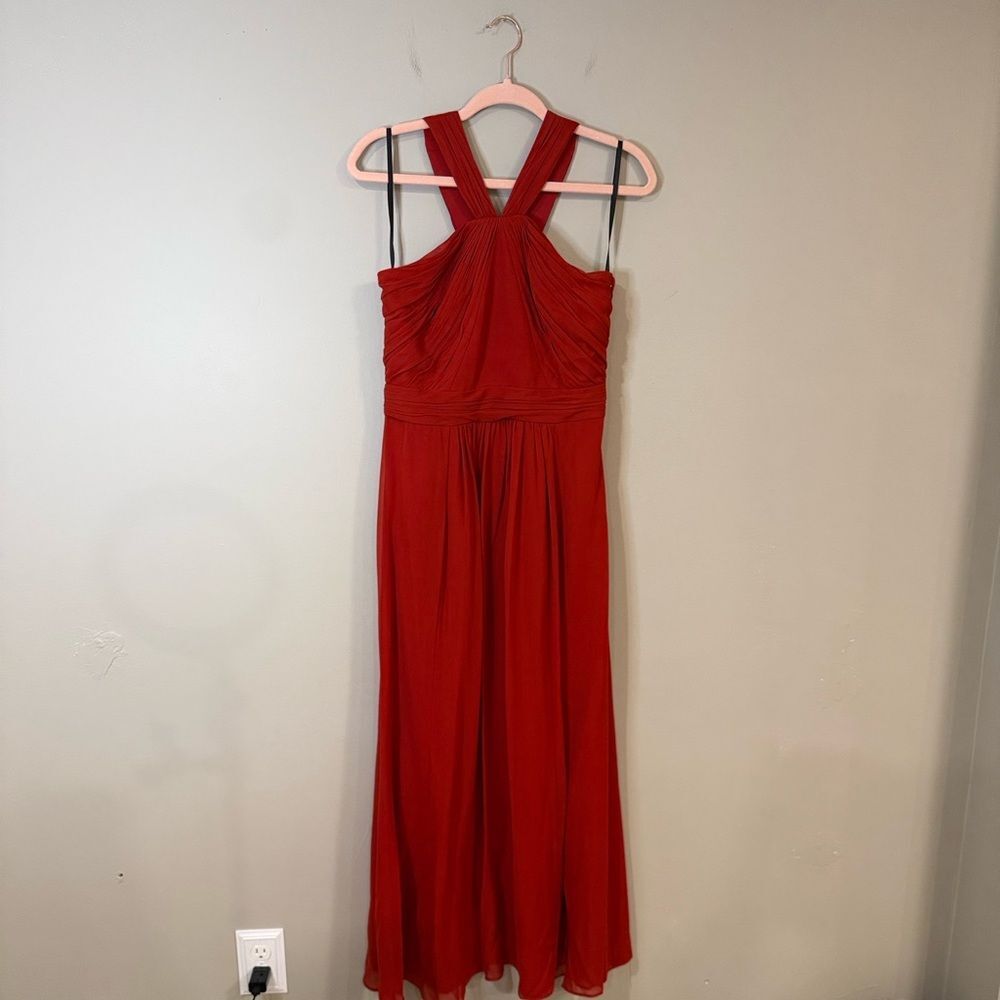 Bebe bright red flowy maxi dress with unique halter top and gathered waist - Picture 1 of 11